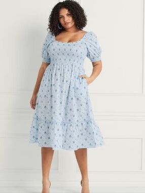 Hill House The Louisa Nap Midi Dress in Blue Ditsy Size XL Cottagecore